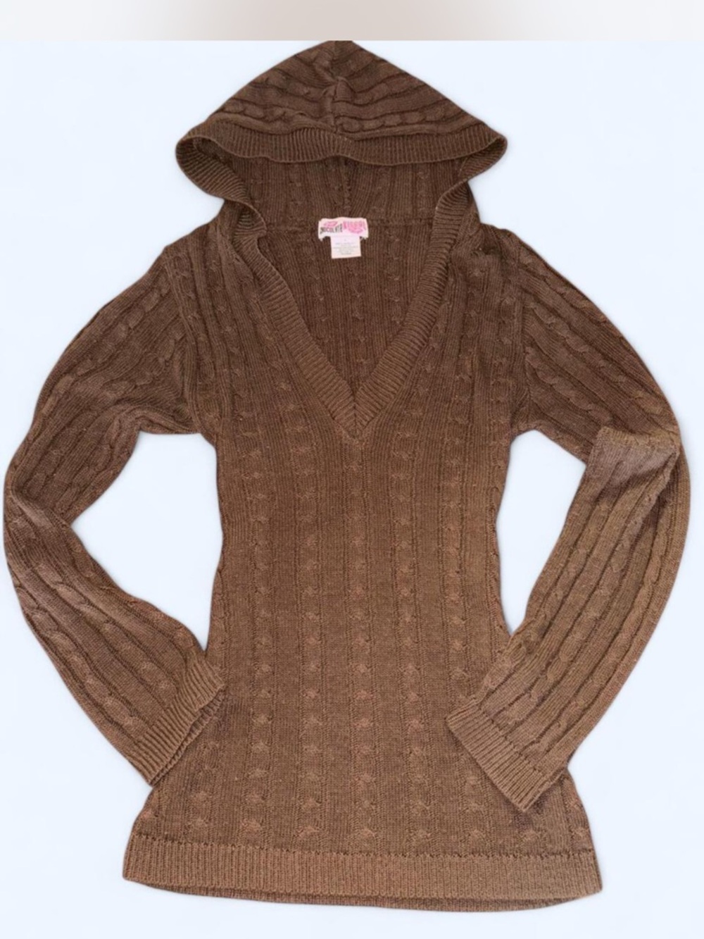 Brown Hooded Cable Knit Sweater -  Women's